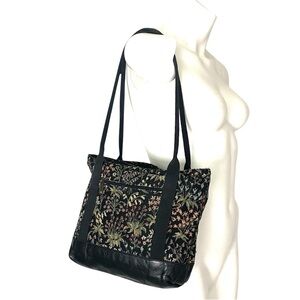 Vintage Dark Floral Tapestry and Leather Shoulder Tote Bag My Maine Bag